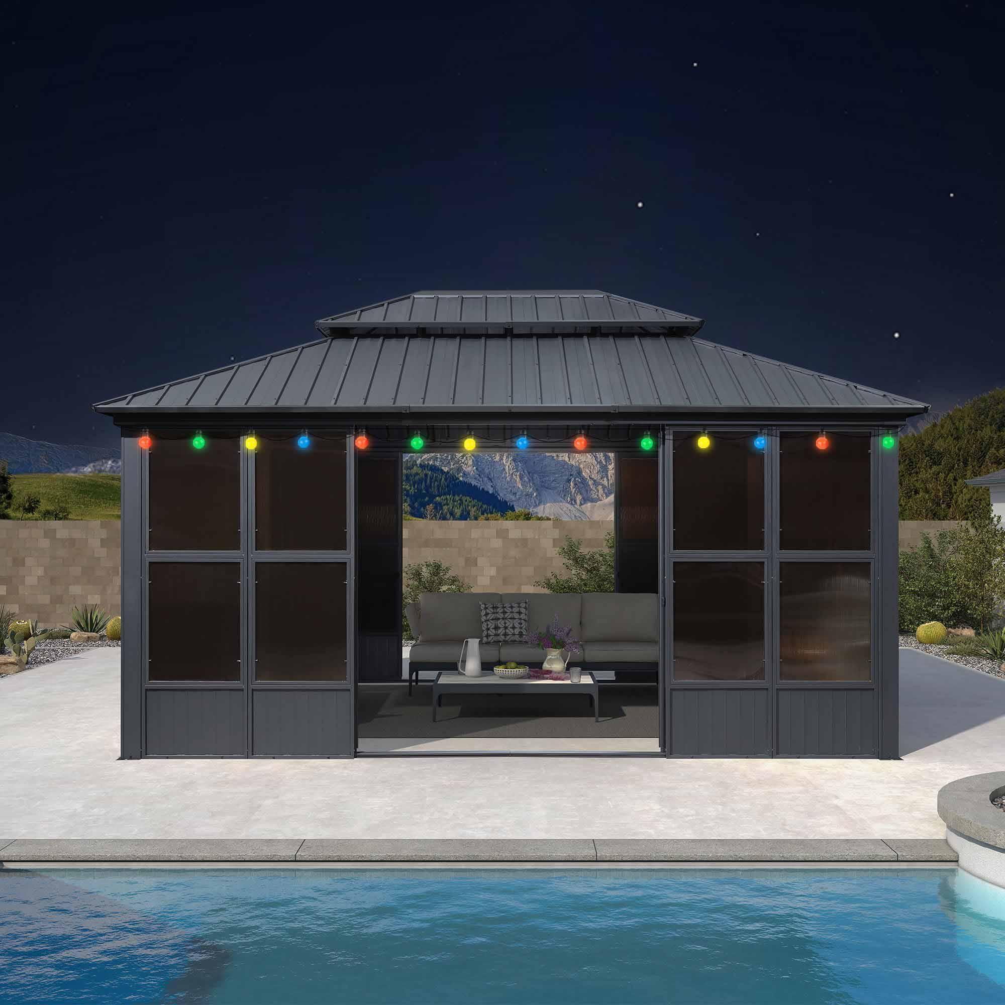 PURPLE LEAF Sunroom Hardtop Gazebo Solarium Grey Galvanized Steel Double Roof  All-Weather Aluminum Outdoor Screen House with String Lights - Image 22