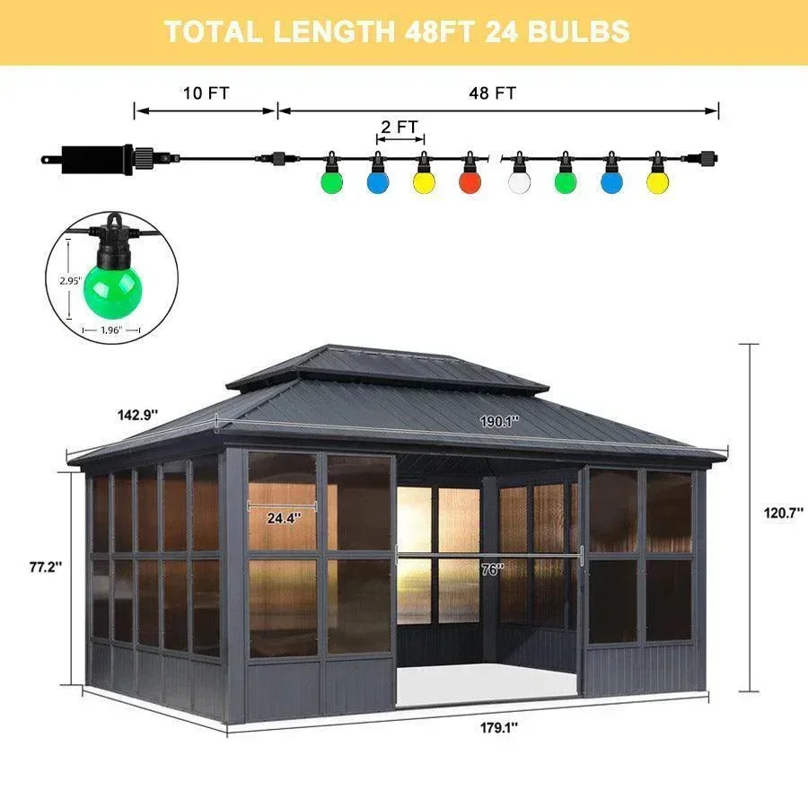 PURPLE LEAF Sunroom Hardtop Gazebo Solarium Grey Galvanized Steel Double Roof  All-Weather Aluminum Outdoor Screen House with String Lights - Image 23