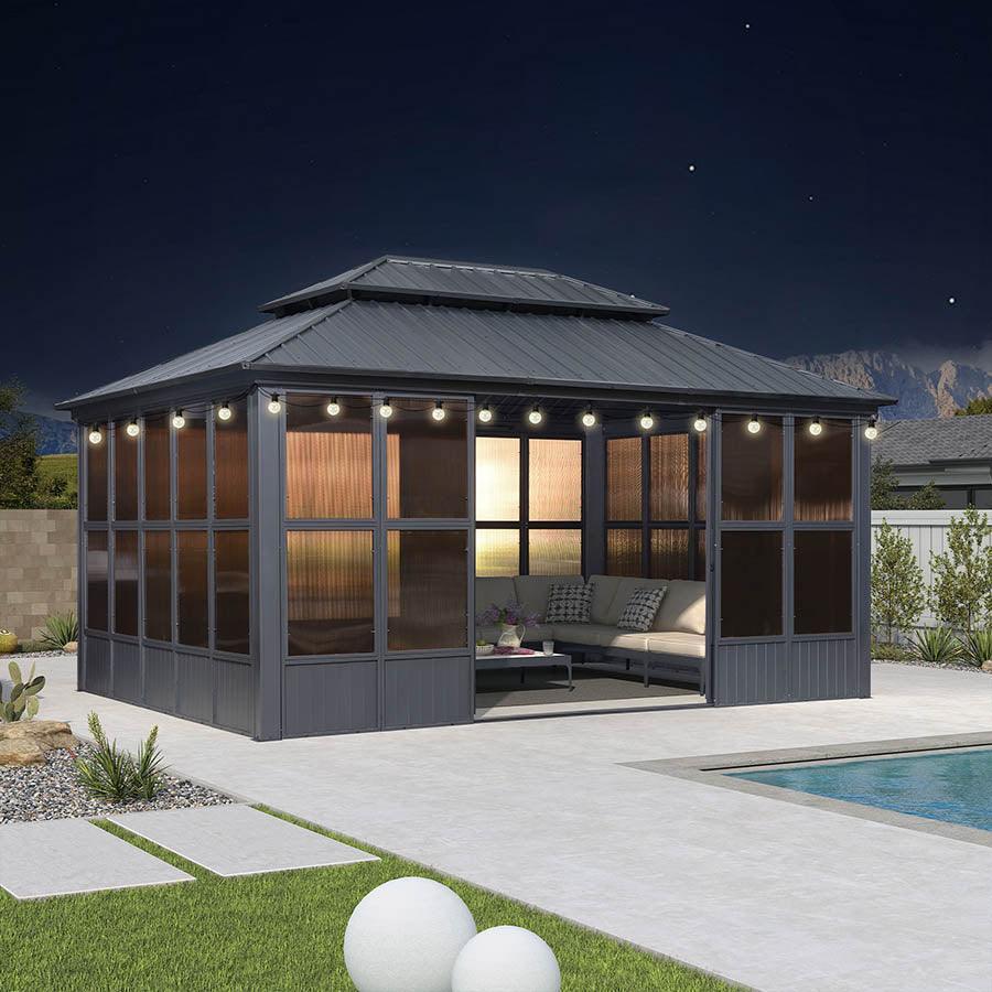 PURPLE LEAF Sunroom Hardtop Gazebo Solarium Grey Galvanized Steel Double Roof  All-Weather Aluminum Outdoor Screen House with String Lights - Image 25