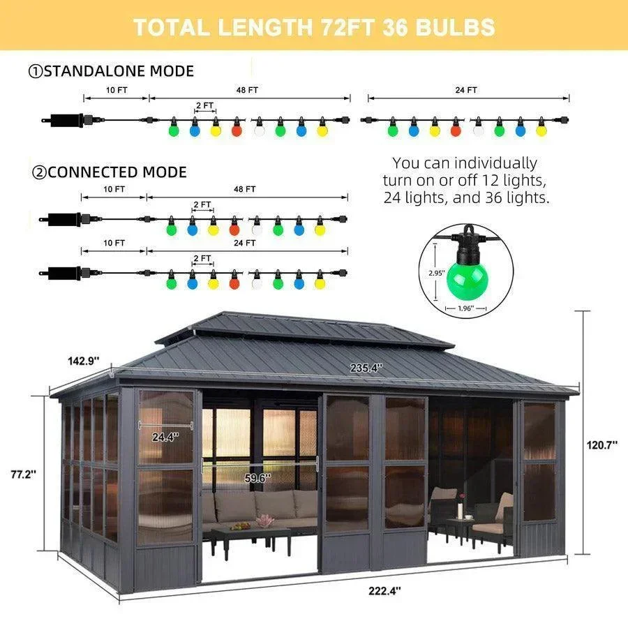 PURPLE LEAF Sunroom Hardtop Gazebo Solarium Grey Galvanized Steel Double Roof  All-Weather Aluminum Outdoor Screen House with String Lights - Image 27