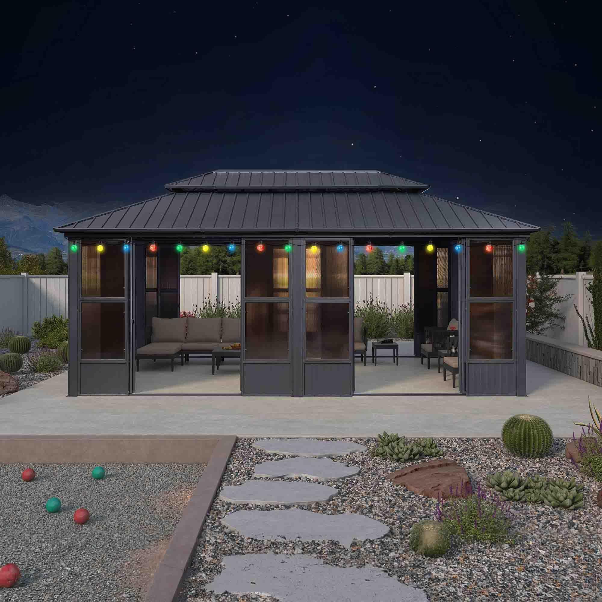 PURPLE LEAF Sunroom Hardtop Gazebo Solarium Grey Galvanized Steel Double Roof  All-Weather Aluminum Outdoor Screen House with String Lights - Image 30