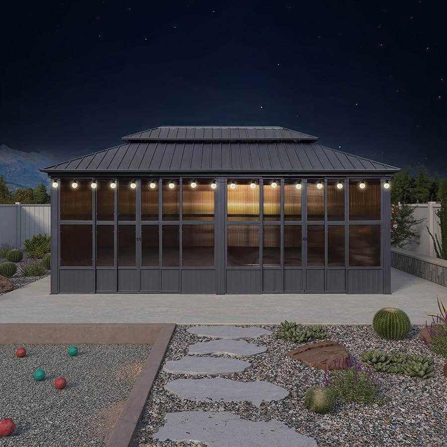 PURPLE LEAF Sunroom Hardtop Gazebo Solarium Grey Galvanized Steel Double Roof  All-Weather Aluminum Outdoor Screen House with String Lights - Image 32