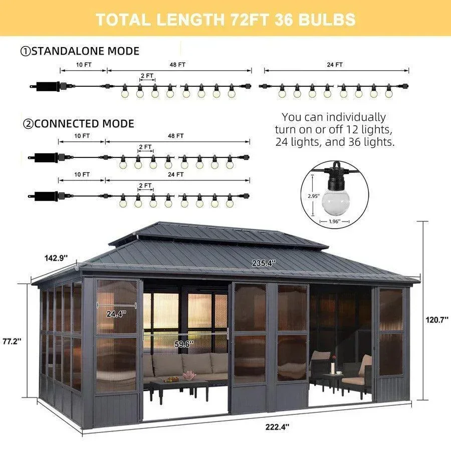 PURPLE LEAF Sunroom Hardtop Gazebo Solarium Grey Galvanized Steel Double Roof  All-Weather Aluminum Outdoor Screen House with String Lights - Image 33