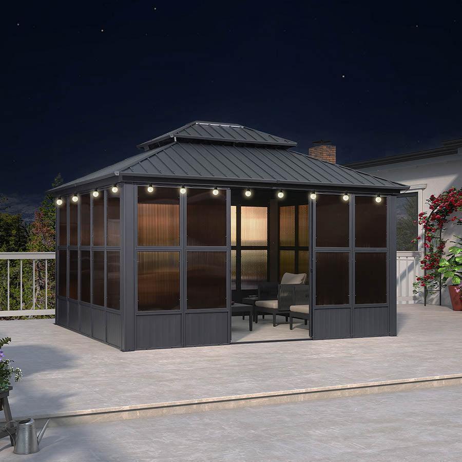 PURPLE LEAF Sunroom Hardtop Gazebo Solarium Grey Galvanized Steel Double Roof  All-Weather Aluminum Outdoor Screen House with String Lights - Image 35