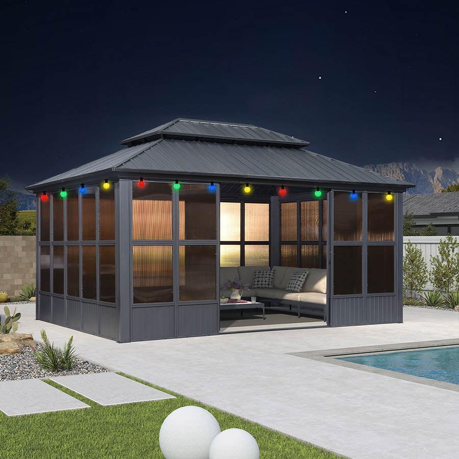 PURPLE LEAF Sunroom Hardtop Gazebo Solarium Grey Galvanized Steel Double Roof  All-Weather Aluminum Outdoor Screen House with String Lights - Image 38