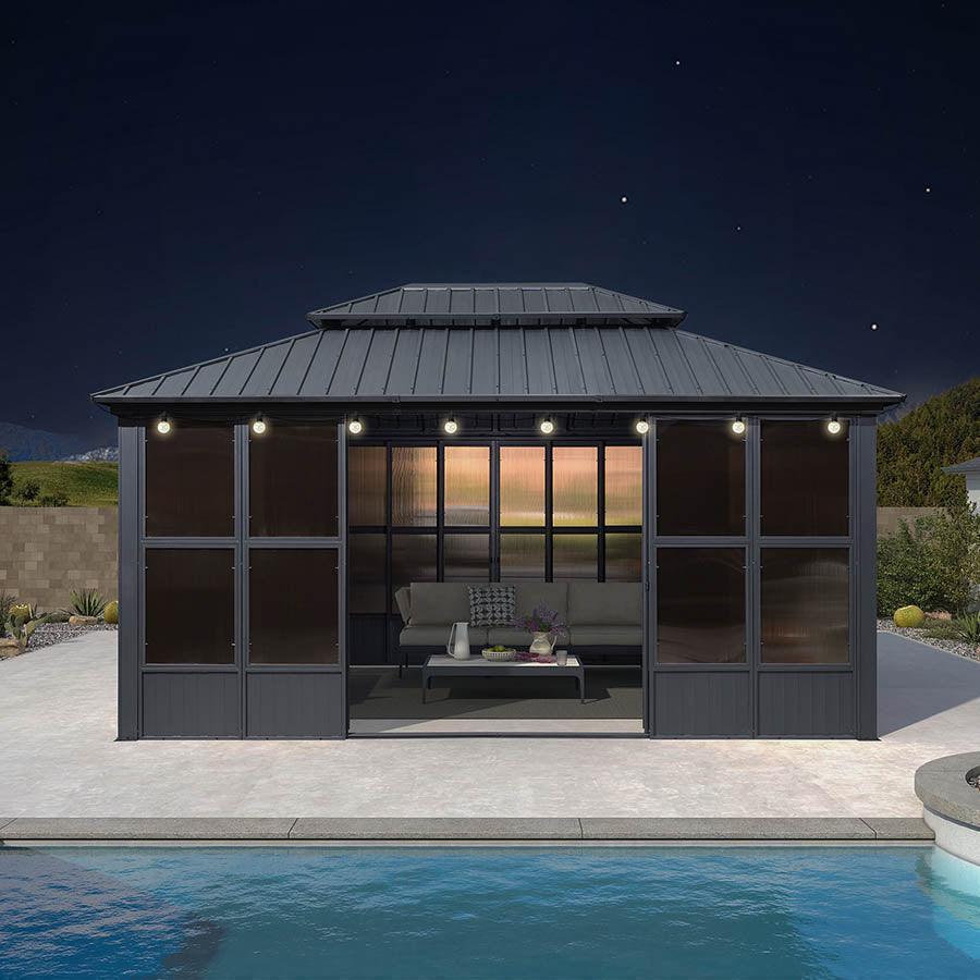 PURPLE LEAF Sunroom Hardtop Gazebo Solarium Grey Galvanized Steel Double Roof  All-Weather Aluminum Outdoor Screen House with String Lights - Image 39