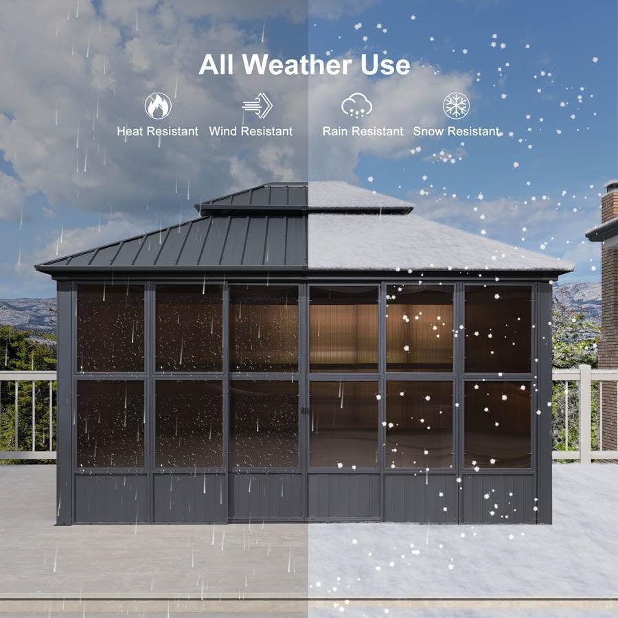 PURPLE LEAF Sunroom Hardtop Gazebo Solarium Grey Galvanized Steel Double Roof  All-Weather Aluminum Outdoor Screen House with String Lights - Image 4