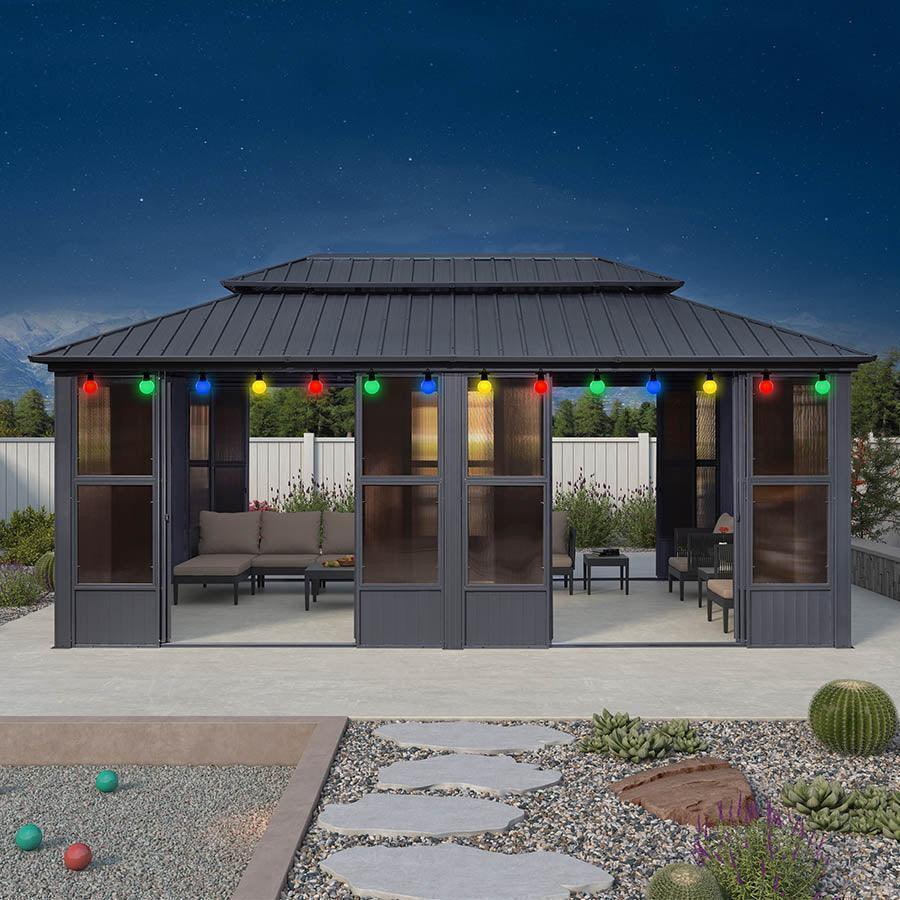 PURPLE LEAF Sunroom Hardtop Gazebo Solarium Grey Galvanized Steel Double Roof  All-Weather Aluminum Outdoor Screen House with String Lights - Image 41