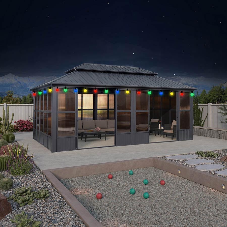 PURPLE LEAF Sunroom Hardtop Gazebo Solarium Grey Galvanized Steel Double Roof  All-Weather Aluminum Outdoor Screen House with String Lights - Image 42