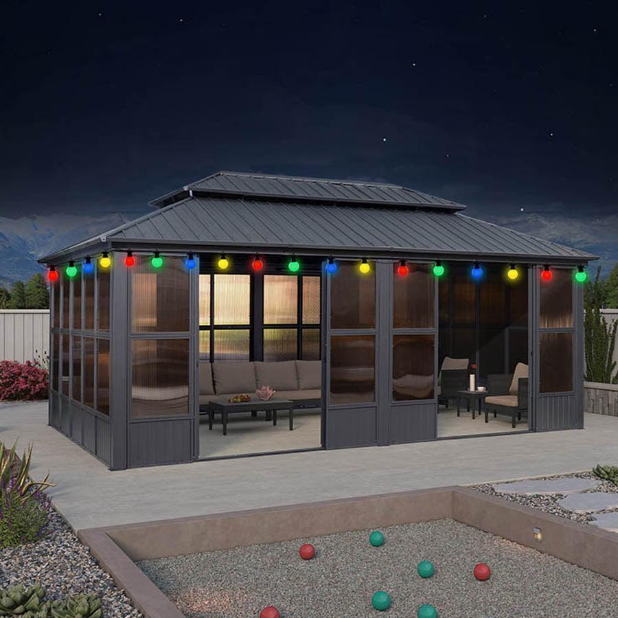PURPLE LEAF Sunroom Hardtop Gazebo Solarium Grey Galvanized Steel Double Roof  All-Weather Aluminum Outdoor Screen House with String Lights - Image 43