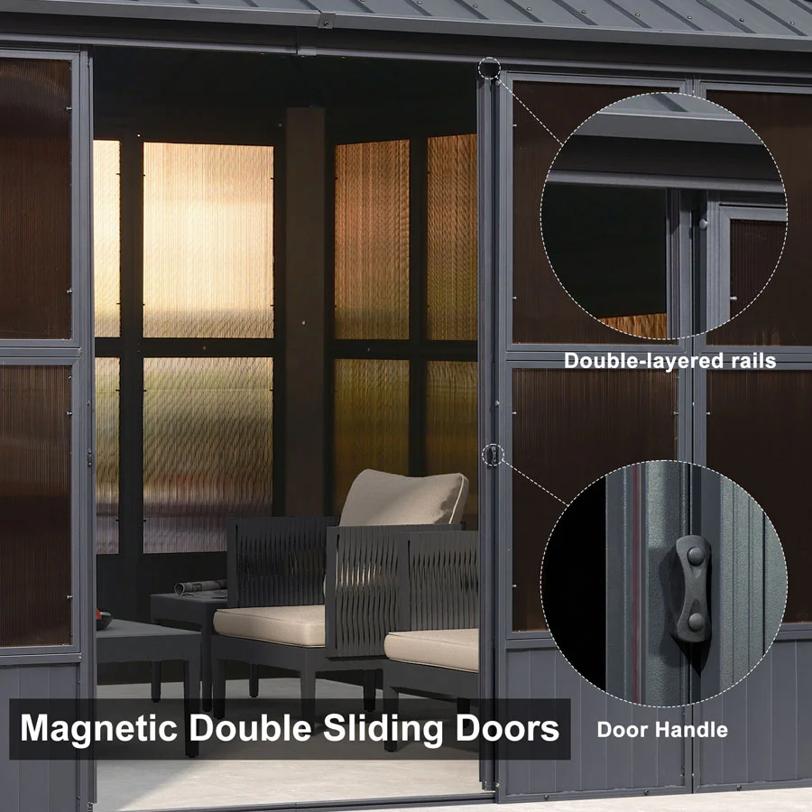 PURPLE LEAF Sunroom Hardtop Gazebo Solarium Grey Galvanized Steel Double Roof  All-Weather Aluminum Outdoor Screen House with String Lights - Image 55