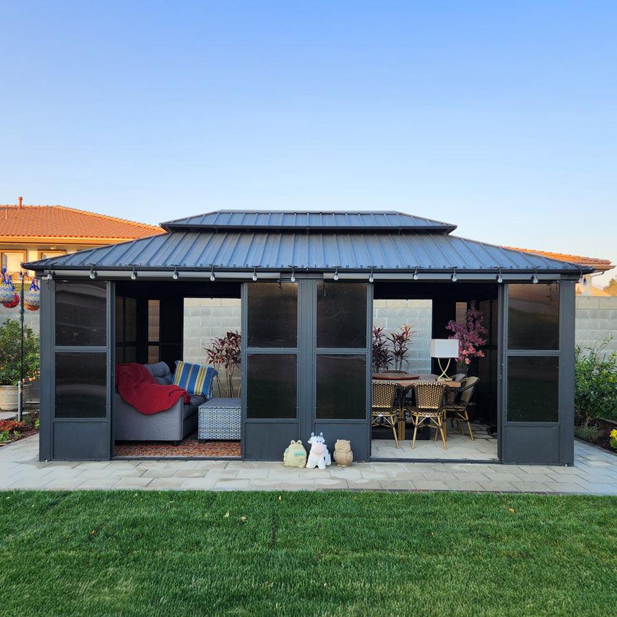 PURPLE LEAF Sunroom Hardtop Gazebo Solarium Grey Galvanized Steel Double Roof  All-Weather Aluminum Outdoor Screen House with String Lights - Image 56