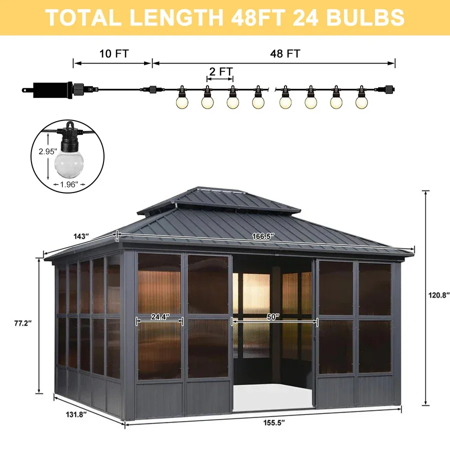 PURPLE LEAF Sunroom Hardtop Gazebo Solarium Grey Galvanized Steel Double Roof  All-Weather Aluminum Outdoor Screen House with String Lights - Image 57