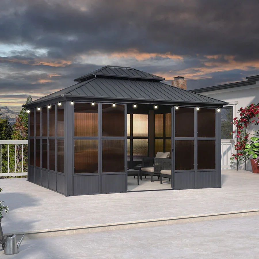 PURPLE LEAF Sunroom Hardtop Gazebo Solarium Grey Galvanized Steel Double Roof  All-Weather Aluminum Outdoor Screen House with String Lights - Image 58
