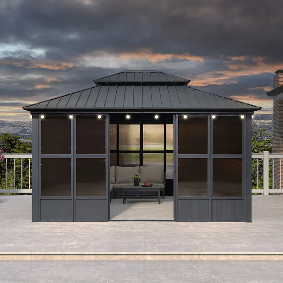 PURPLE LEAF Sunroom Hardtop Gazebo Solarium Grey Galvanized Steel Double Roof  All-Weather Aluminum Outdoor Screen House with String Lights - Image 59