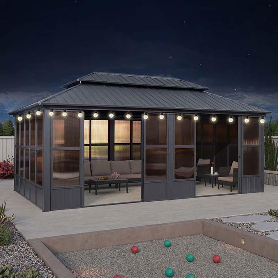 PURPLE LEAF Sunroom Hardtop Gazebo Solarium Grey Galvanized Steel Double Roof  All-Weather Aluminum Outdoor Screen House with String Lights - Image 6