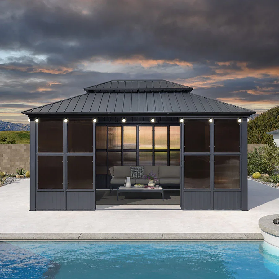 PURPLE LEAF Sunroom Hardtop Gazebo Solarium Grey Galvanized Steel Double Roof  All-Weather Aluminum Outdoor Screen House with String Lights - Image 62