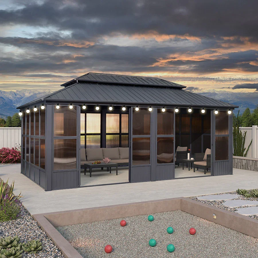 PURPLE LEAF Sunroom Hardtop Gazebo Solarium Grey Galvanized Steel Double Roof  All-Weather Aluminum Outdoor Screen House with String Lights - Image 64