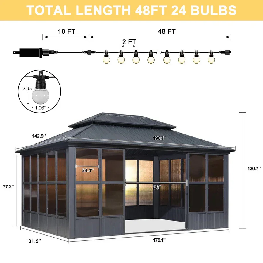 PURPLE LEAF Sunroom Hardtop Gazebo Solarium Grey Galvanized Steel Double Roof  All-Weather Aluminum Outdoor Screen House with String Lights - Image 66