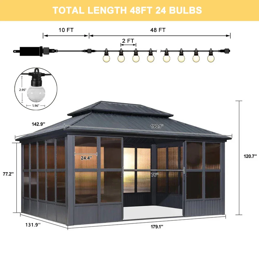 PURPLE LEAF Sunroom Hardtop Gazebo Solarium Grey Galvanized Steel Double Roof  All-Weather Aluminum Outdoor Screen House with String Lights - Image 67