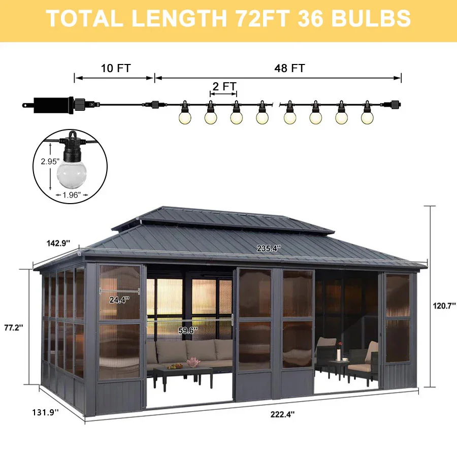 PURPLE LEAF Sunroom Hardtop Gazebo Solarium Grey Galvanized Steel Double Roof  All-Weather Aluminum Outdoor Screen House with String Lights - Image 68