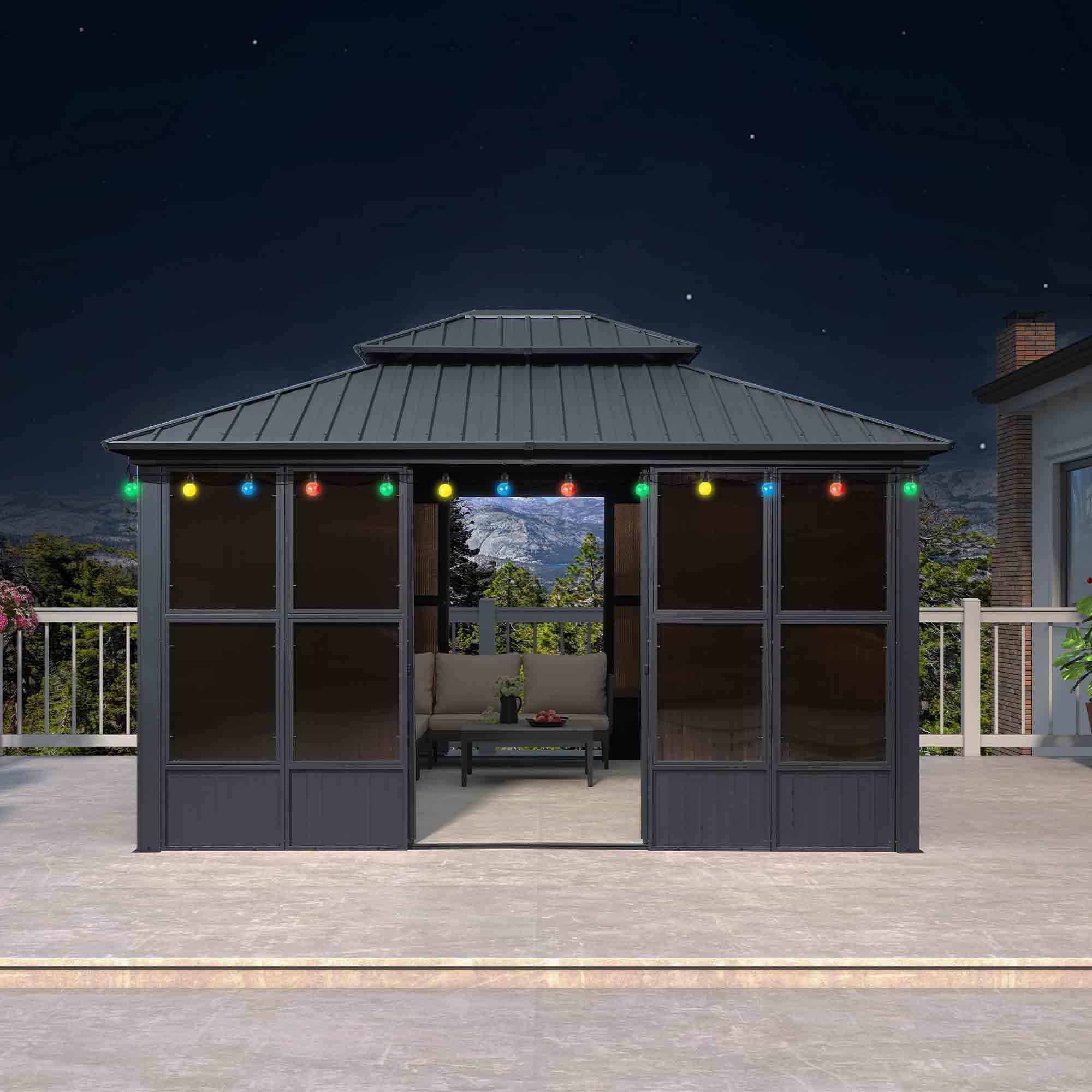 PURPLE LEAF Sunroom Hardtop Gazebo Solarium Grey Galvanized Steel Double Roof  All-Weather Aluminum Outdoor Screen House with String Lights - Image 7