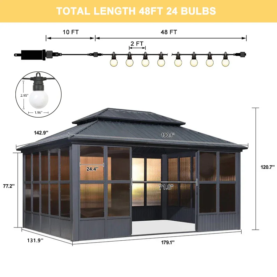 PURPLE LEAF Sunroom Hardtop Gazebo Solarium Grey Galvanized Steel Double Roof  All-Weather Aluminum Outdoor Screen House with String Lights - Image 70