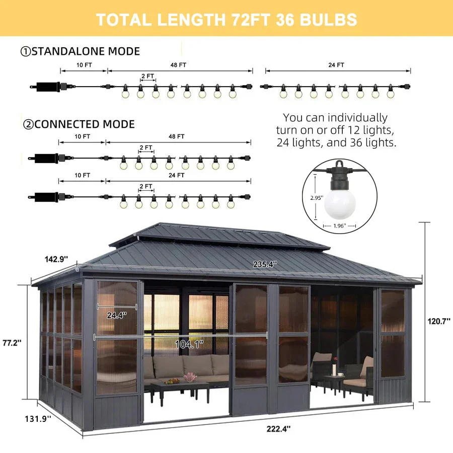 PURPLE LEAF Sunroom Hardtop Gazebo Solarium Grey Galvanized Steel Double Roof  All-Weather Aluminum Outdoor Screen House with String Lights - Image 72
