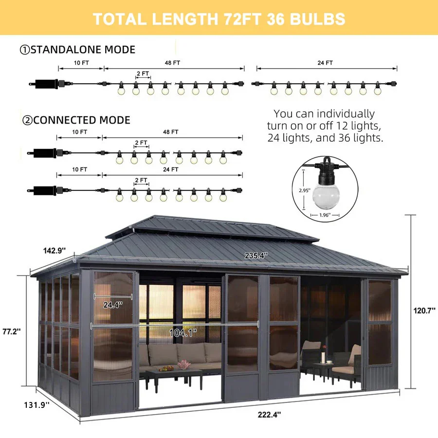 PURPLE LEAF Sunroom Hardtop Gazebo Solarium Grey Galvanized Steel Double Roof  All-Weather Aluminum Outdoor Screen House with String Lights - Image 73