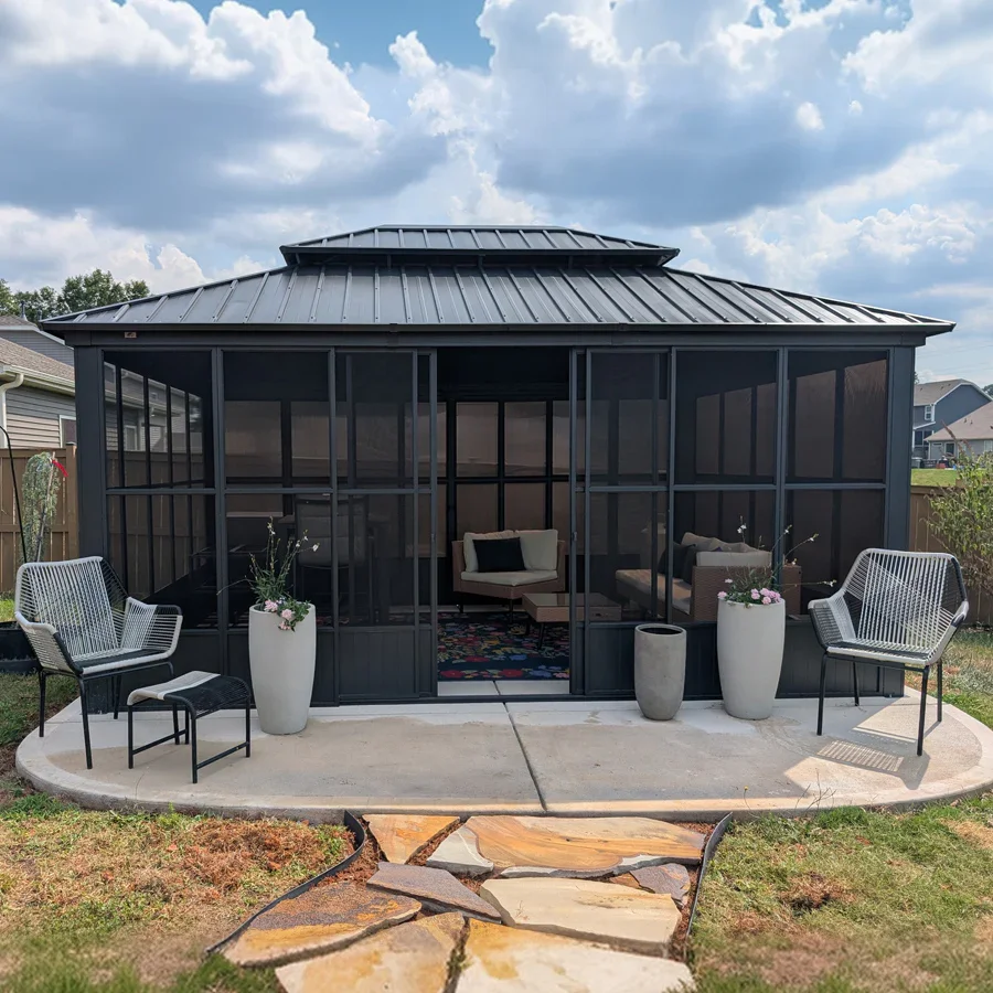PURPLE LEAF Sunroom Hardtop Gazebo Solarium Grey Galvanized Steel Double Roof  All-Weather Aluminum Outdoor Screen House with String Lights - Image 74