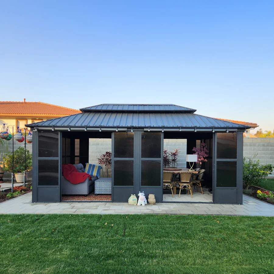 PURPLE LEAF Sunroom Hardtop Gazebo Solarium Grey Galvanized Steel Double Roof  All-Weather Aluminum Outdoor Screen House with String Lights - Image 75