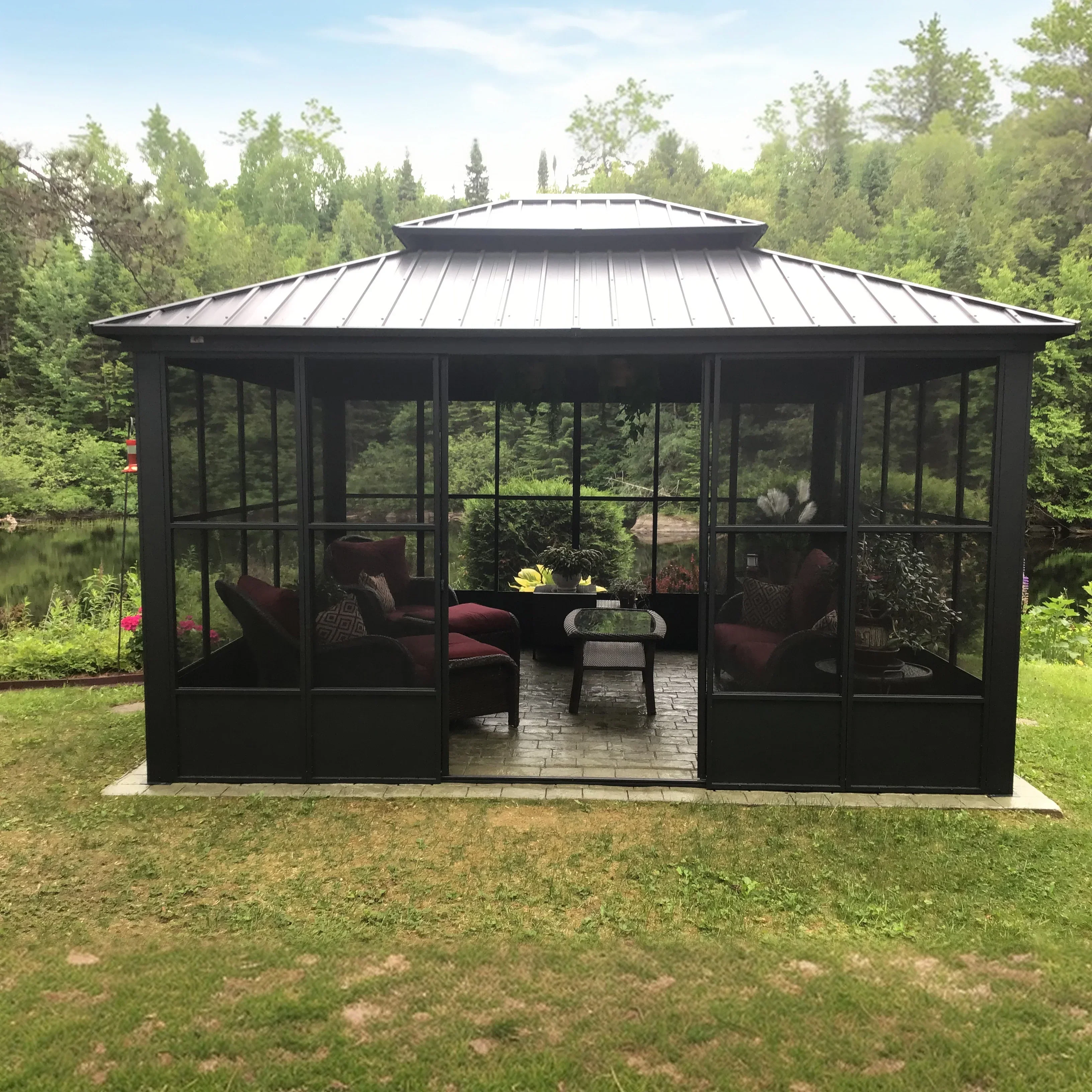 PURPLE LEAF Sunroom Hardtop Gazebo Solarium Grey Galvanized Steel Double Roof  All-Weather Aluminum Outdoor Screen House with String Lights - Image 76