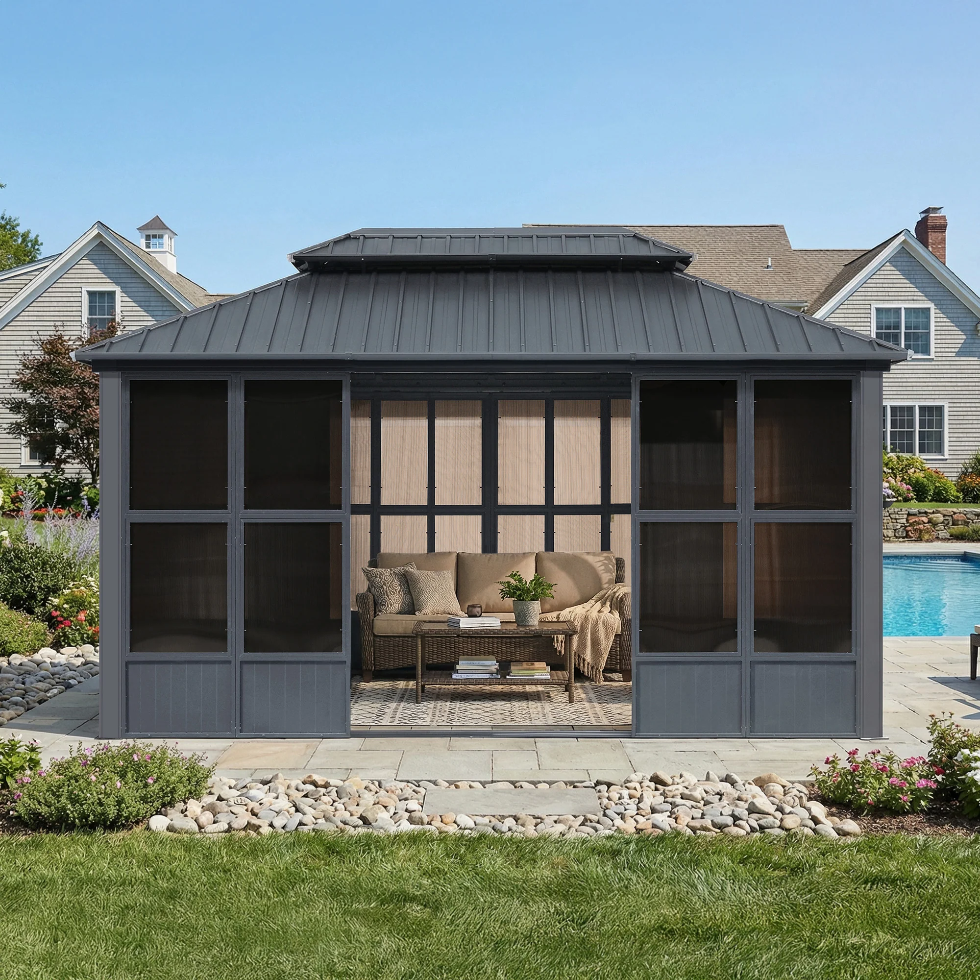 PURPLE LEAF Sunroom Hardtop Gazebo Solarium Grey Galvanized Steel Double Roof  All-Weather Aluminum Outdoor Screen House with String Lights - Image 78