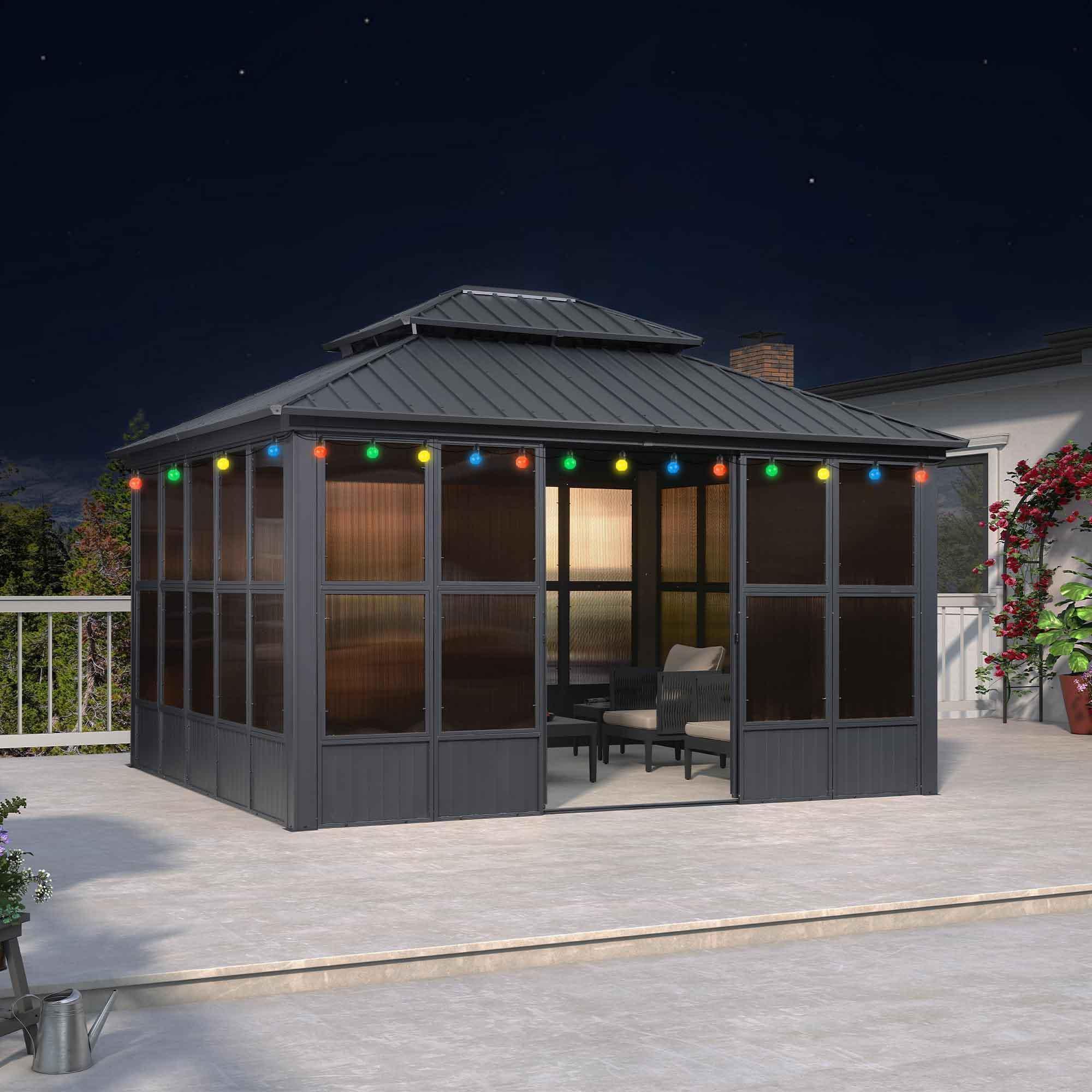 PURPLE LEAF Sunroom Hardtop Gazebo Solarium Grey Galvanized Steel Double Roof  All-Weather Aluminum Outdoor Screen House with String Lights - Image 8