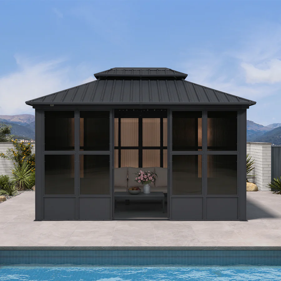 PURPLE LEAF Sunroom Hardtop Gazebo Solarium Grey Galvanized Steel Double Roof  All-Weather Aluminum Outdoor Screen House with String Lights - Image 81