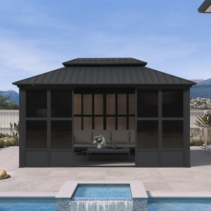 PURPLE LEAF Sunroom Hardtop Gazebo Solarium Grey Galvanized Steel Double Roof  All-Weather Aluminum Outdoor Screen House with String Lights - Image 83