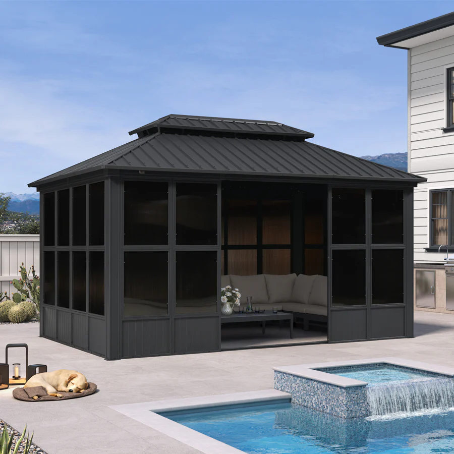 PURPLE LEAF Sunroom Hardtop Gazebo Solarium Grey Galvanized Steel Double Roof  All-Weather Aluminum Outdoor Screen House with String Lights - Image 84