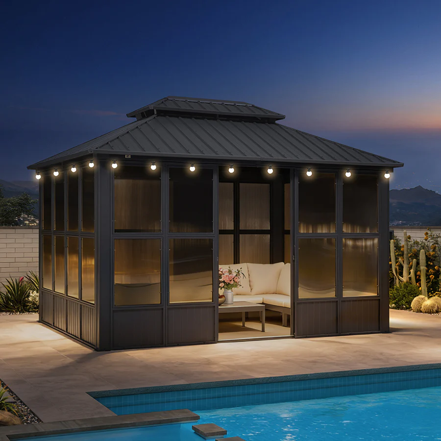 PURPLE LEAF Sunroom Hardtop Gazebo Solarium Grey Galvanized Steel Double Roof  All-Weather Aluminum Outdoor Screen House with String Lights - Image 87