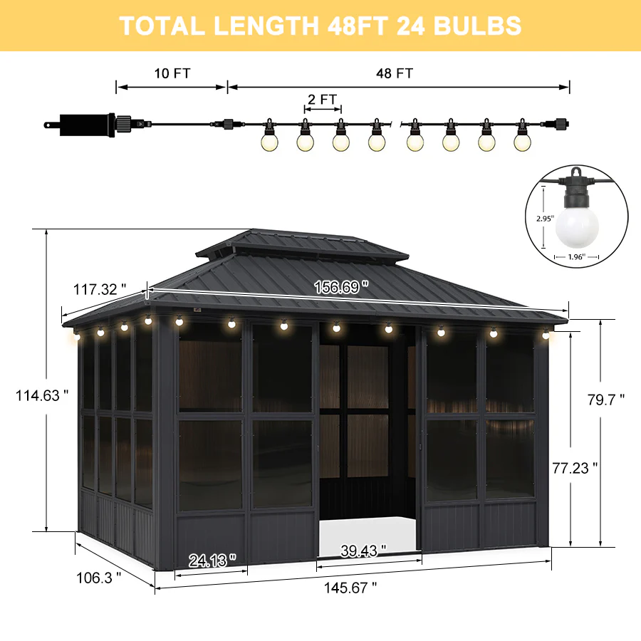PURPLE LEAF Sunroom Hardtop Gazebo Solarium Grey Galvanized Steel Double Roof  All-Weather Aluminum Outdoor Screen House with String Lights - Image 88