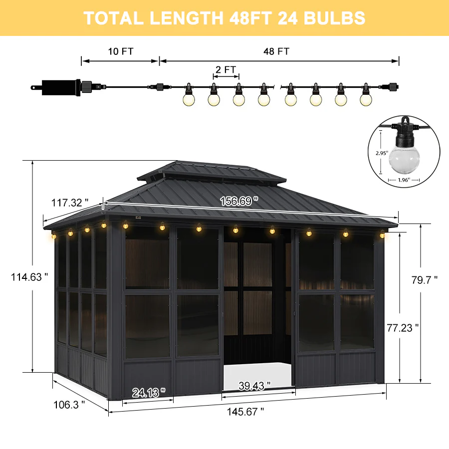 PURPLE LEAF Sunroom Hardtop Gazebo Solarium Grey Galvanized Steel Double Roof  All-Weather Aluminum Outdoor Screen House with String Lights - Image 89