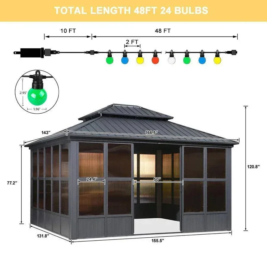 PURPLE LEAF Sunroom Hardtop Gazebo Solarium Grey Galvanized Steel Double Roof  All-Weather Aluminum Outdoor Screen House with String Lights - Image 9