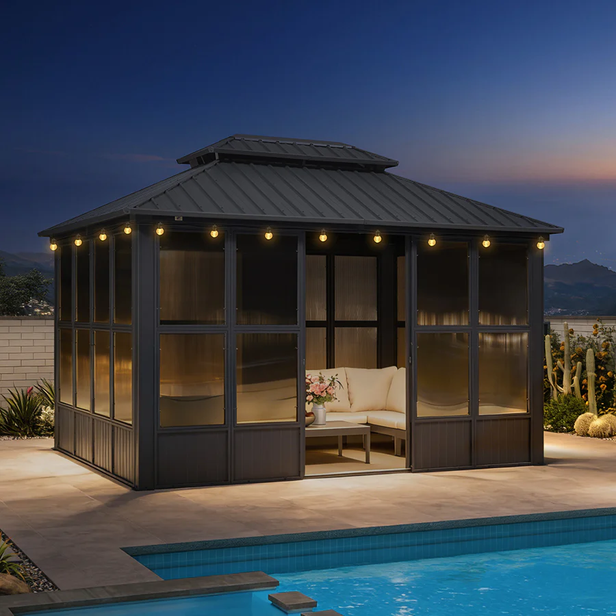 PURPLE LEAF Sunroom Hardtop Gazebo Solarium Grey Galvanized Steel Double Roof  All-Weather Aluminum Outdoor Screen House with String Lights - Image 90