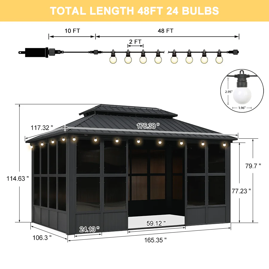 PURPLE LEAF Sunroom Hardtop Gazebo Solarium Grey Galvanized Steel Double Roof  All-Weather Aluminum Outdoor Screen House with String Lights - Image 91