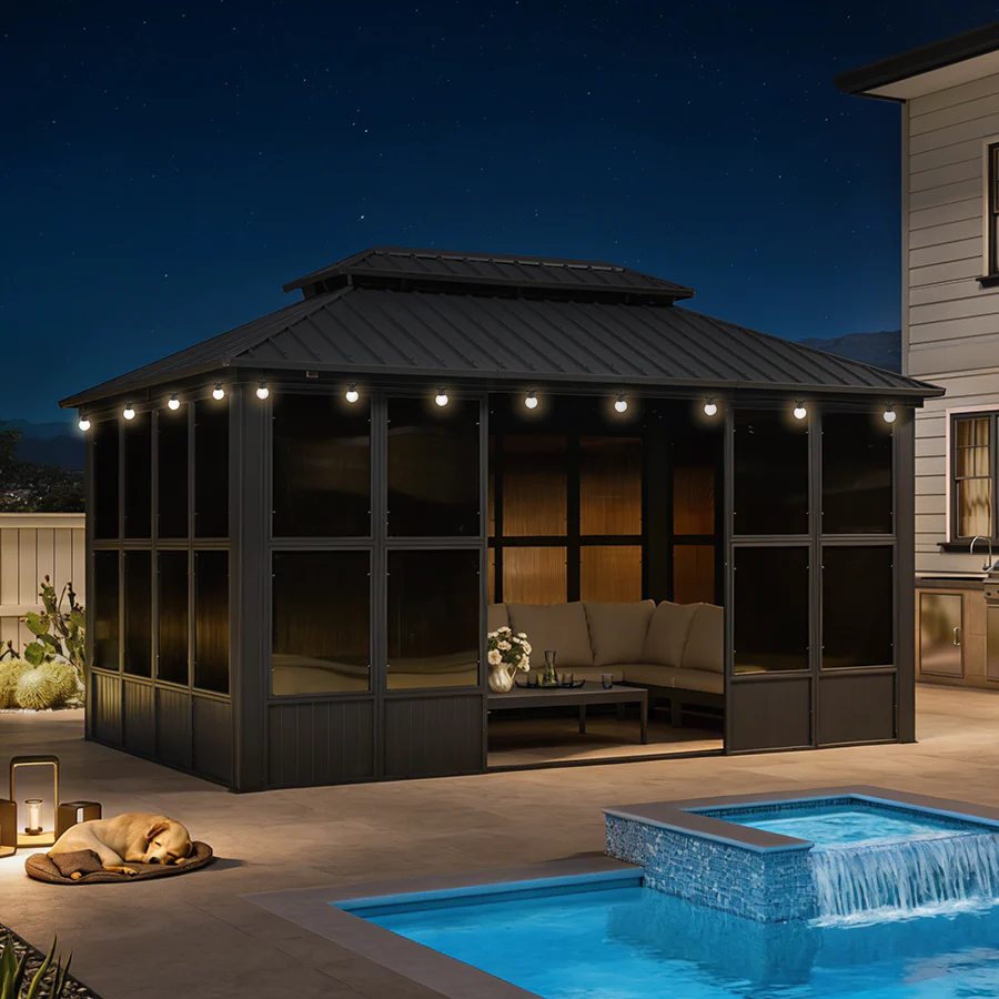 PURPLE LEAF Sunroom Hardtop Gazebo Solarium Grey Galvanized Steel Double Roof  All-Weather Aluminum Outdoor Screen House with String Lights - Image 92