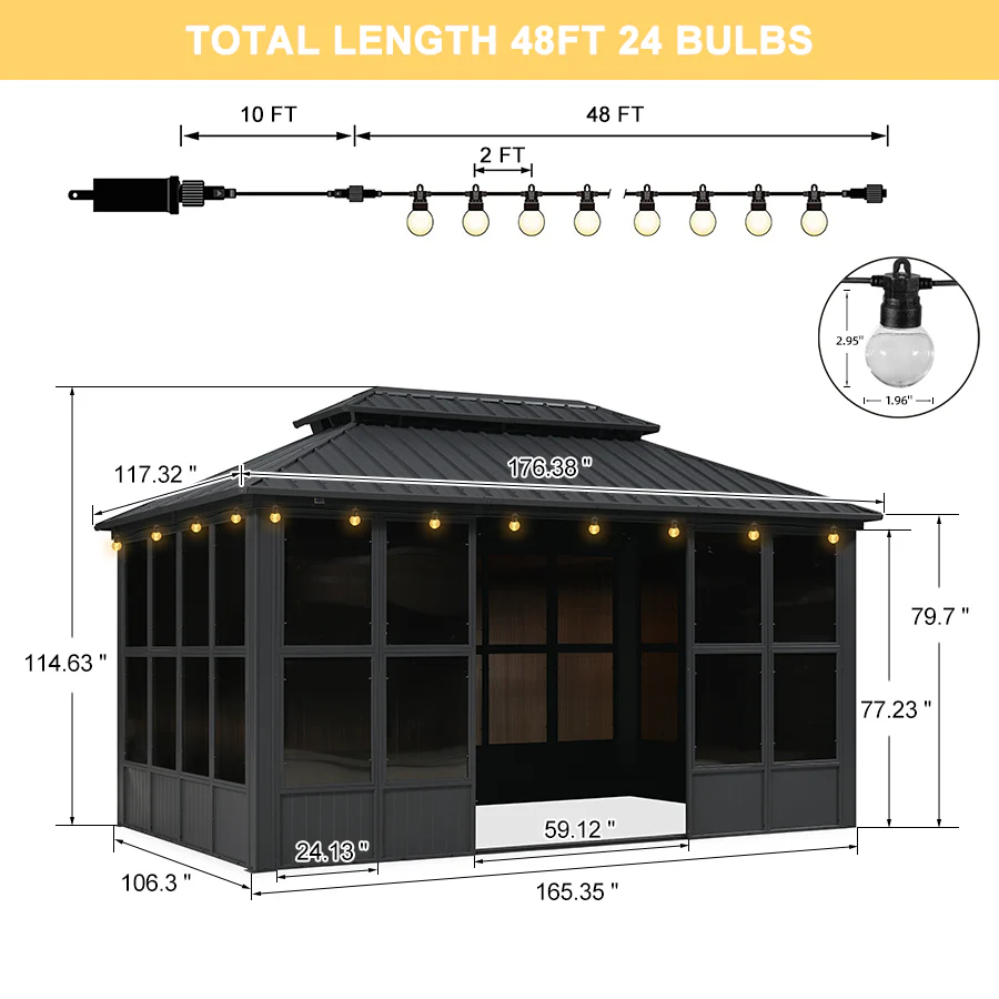PURPLE LEAF Sunroom Hardtop Gazebo Solarium Grey Galvanized Steel Double Roof  All-Weather Aluminum Outdoor Screen House with String Lights - Image 94