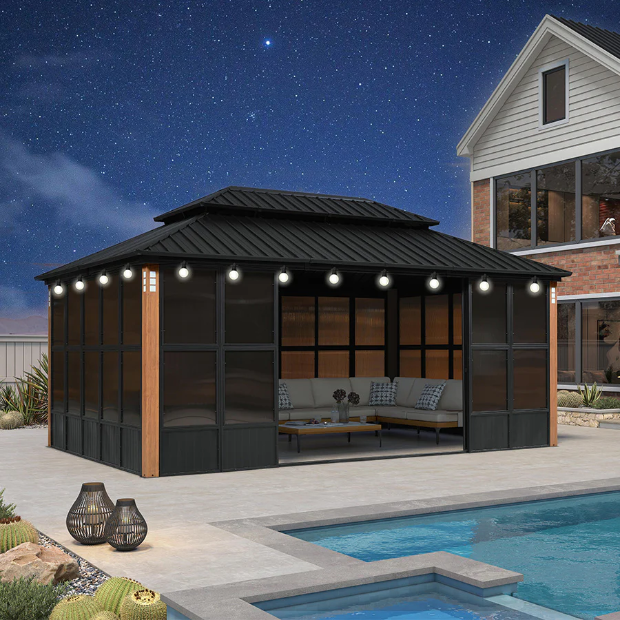 PURPLE LEAF Sunroom Hardtop Gazebo Solarium Wood Grain  Galvanized Steel Double Roof All-Weather Aluminum Outdoor Screen House with String Lights - Image 103