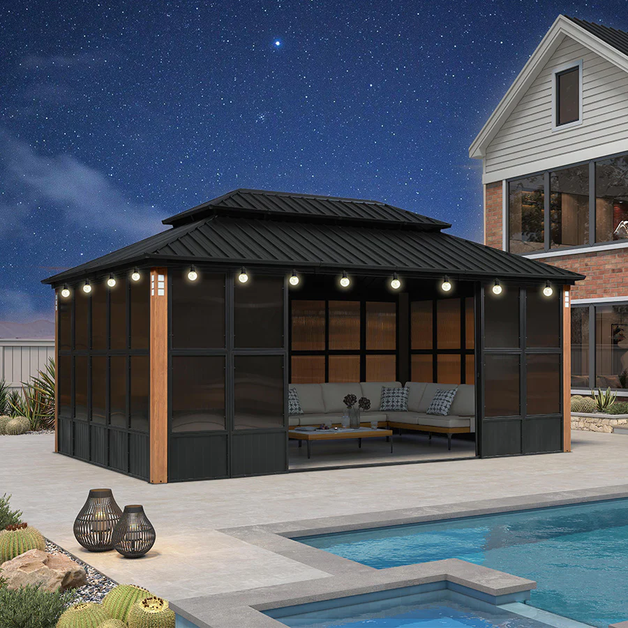 PURPLE LEAF Sunroom Hardtop Gazebo Solarium Wood Grain  Galvanized Steel Double Roof All-Weather Aluminum Outdoor Screen House with String Lights - Image 105