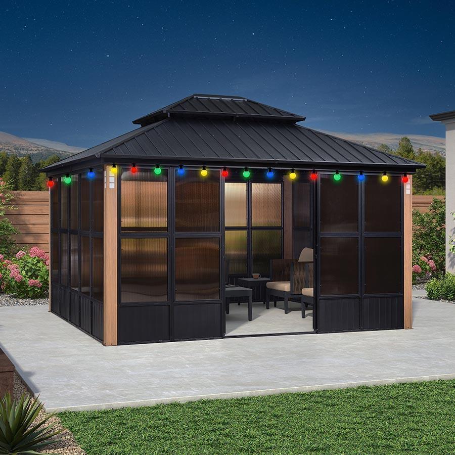 PURPLE LEAF Sunroom Hardtop Gazebo Solarium Wood Grain  Galvanized Steel Double Roof All-Weather Aluminum Outdoor Screen House with String Lights - Image 11