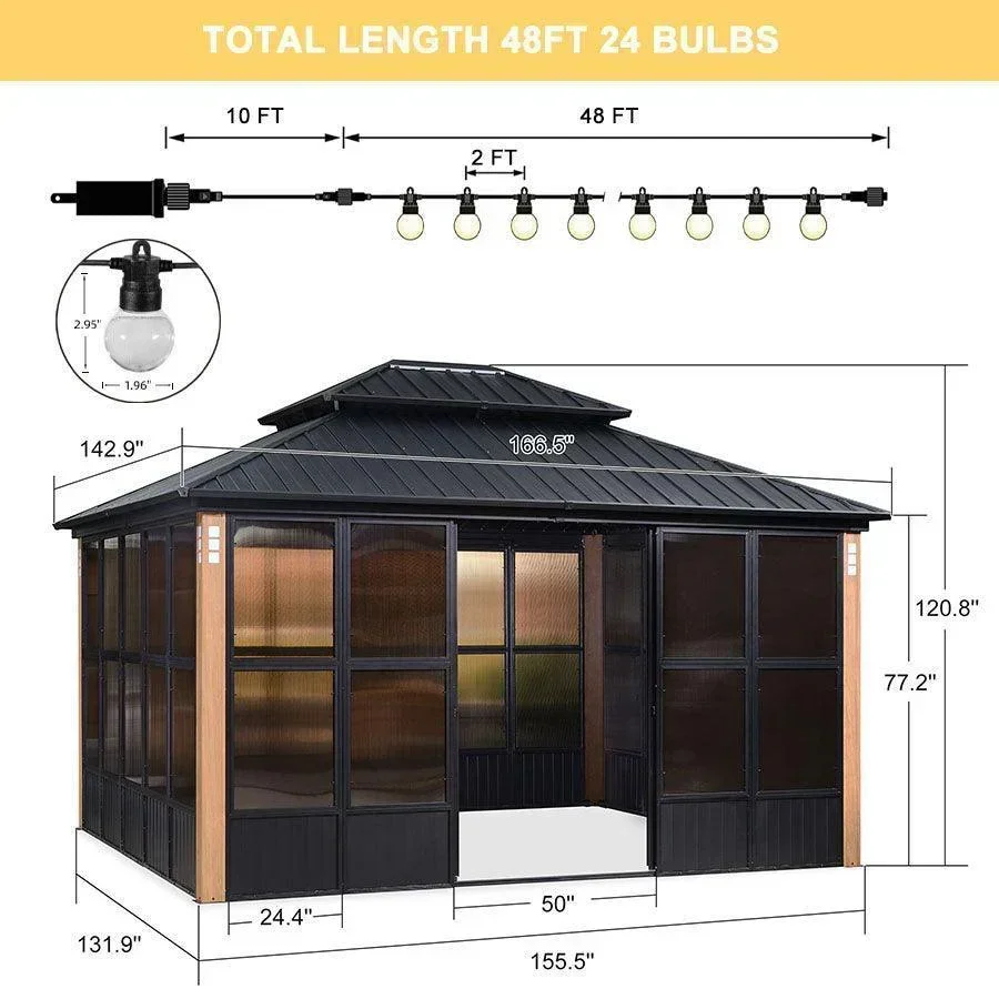 PURPLE LEAF Sunroom Hardtop Gazebo Solarium Wood Grain  Galvanized Steel Double Roof All-Weather Aluminum Outdoor Screen House with String Lights - Image 15