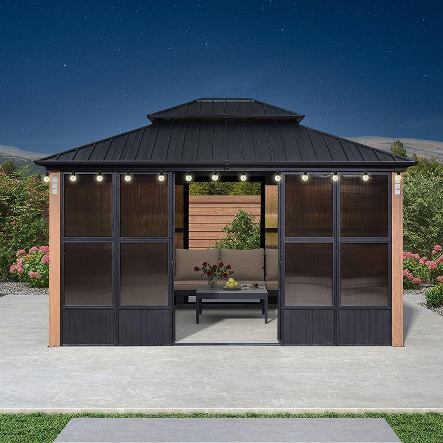 PURPLE LEAF Sunroom Hardtop Gazebo Solarium Wood Grain  Galvanized Steel Double Roof All-Weather Aluminum Outdoor Screen House with String Lights - Image 16